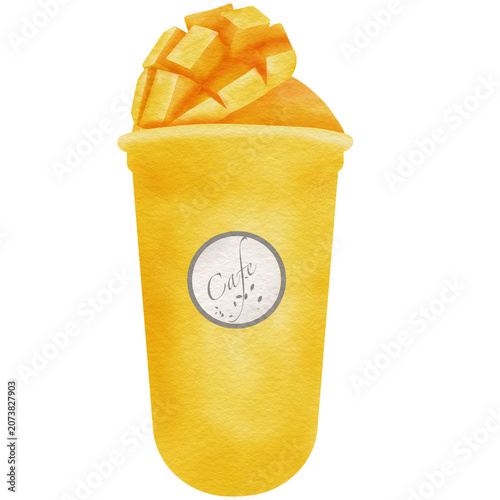 Mango smoothie in clear plastic cup mango topping 