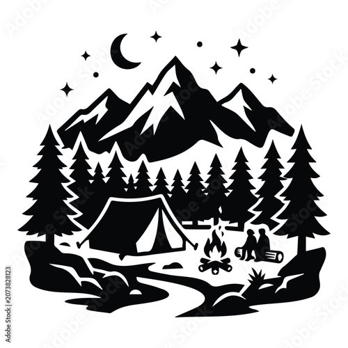 Camping in mountains at night with bonfire tent and forest trees black vector illustration