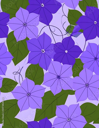 Purple Flowers with Green Leaves Pattern.