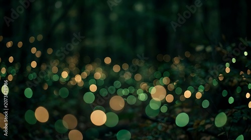 A mesmerizing display of colorful bokeh lights scattered across a dark forest floor with lush greenery and warm glowing orbs