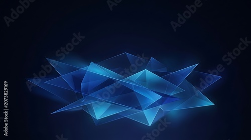 Glowing blue geometric shapes on dark background, abstract digital art with transparent polygons