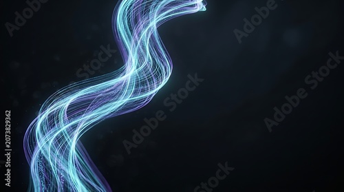 Glowing blue and purple neon light trails on a dark background with a wavy abstract design element