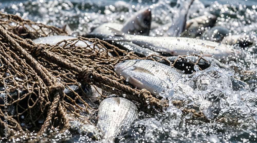 Fototapeta premium Apostles pulling fishing net filled with fish from sea. Miracle catch in Bible story. Ancient fisherman on wooden boat catching fish. Christian scene from New Testament narrative