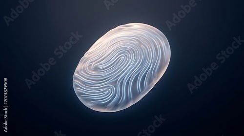 A glowing fingerprint on a dark background with swirling white lines