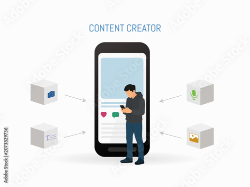 Content Creator Concept with Mobile Content Production and Digital Media Creation Vector Illustration