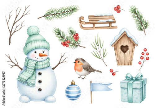 Whimsical digital watercolor flat lay collection of isolated pastel winter elements: snowman in mint hat, pink robin, sled, pine branches, and berries. Concept for holiday card design