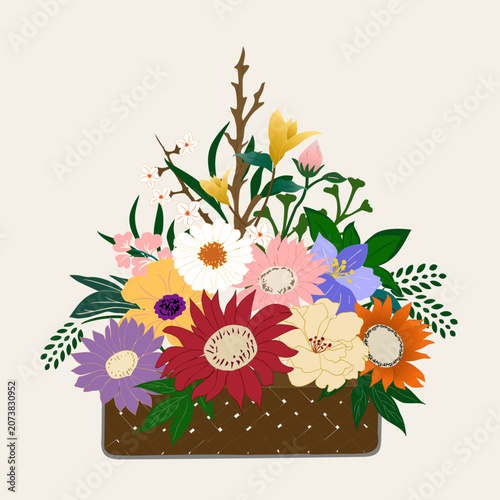 Beautiful hand-drawn flower basket illustration with colorful blossoms. Perfect for spring, summer, greeting cards, invitations, and botanical-themed designs.