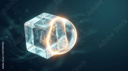 Morphing cube transforming into glowing sphere background