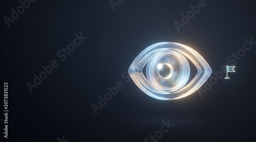 Glowing eye shape with flag marker on dark background