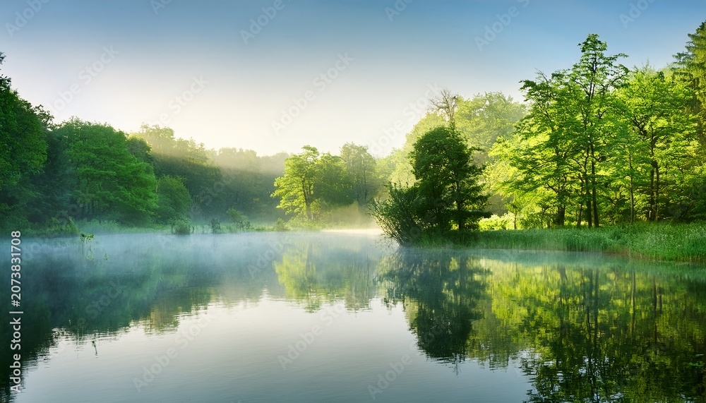 Obraz premium Misty Morning Lake In Green Forest