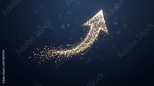 Glowing particles forming upward arrow on dark background