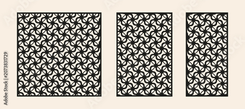 Decorative laser cut panels set. Geometric seamless pattern for CNC screen, room divider, wall art, jali design. Vector ornamental fretwork lattice elements.