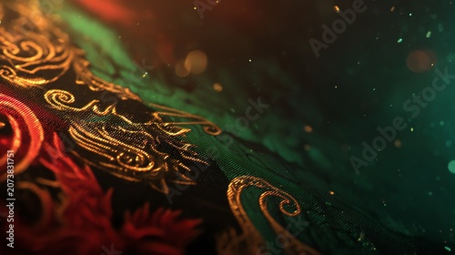 Abstract Golden Swirls on Textured Green and Red Fabric with Sparkling Particles