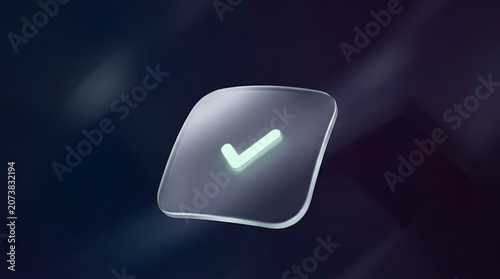 Glowing checkmark on glass pane, dark background