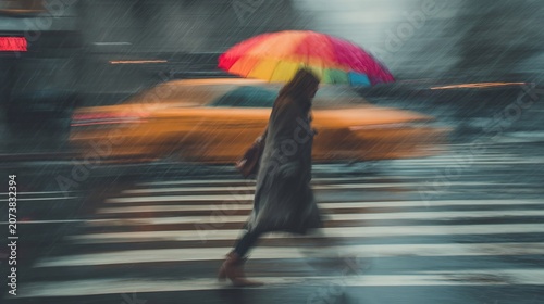 A woman walks briskly across a wet street under a vibrant rainbow umbrella during a rain shower.