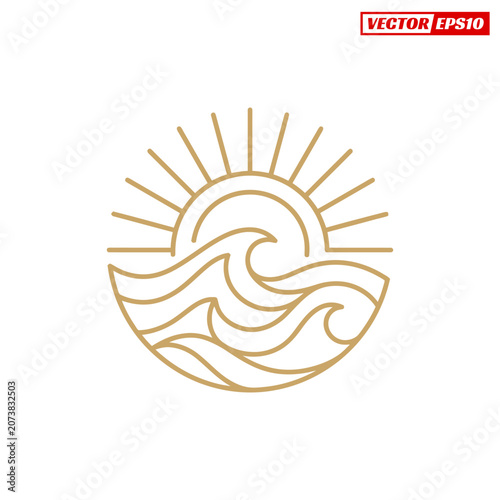 Golden sun and waves line art logo design.