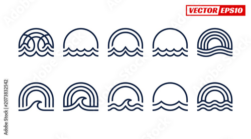 Set of Abstract Wave and Sun Icons in Line Art Style.