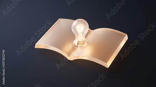 Glowing lightbulb emerging from open book on dark background