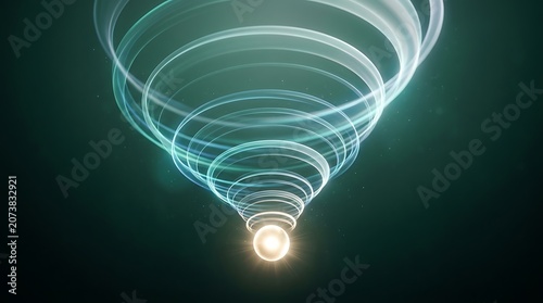 Glowing sphere expanding upward with swirling light trails in dark space