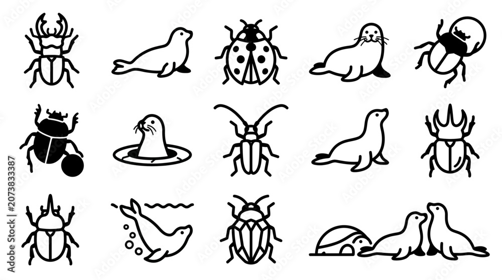 Fototapeta premium Insect and Seal Icons Set - Black and White Simple Vector Graphics