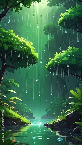Rainy tropical forest with lush greenery.