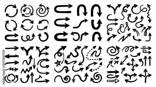Konstfotografi Hand drawn arrow vector element mega collection with curved circle swirl doodle