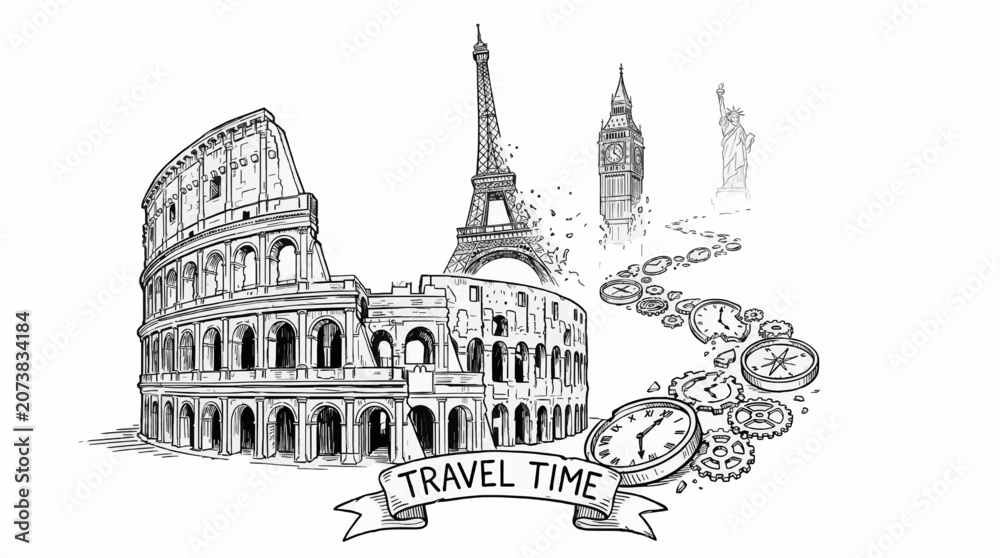 Obraz premium Line Art Vector Illustration of Famous Landmarks Colosseum Eiffel Tower Big Ben Statue of Liberty with Travel Time Concept of Clocks and Gears