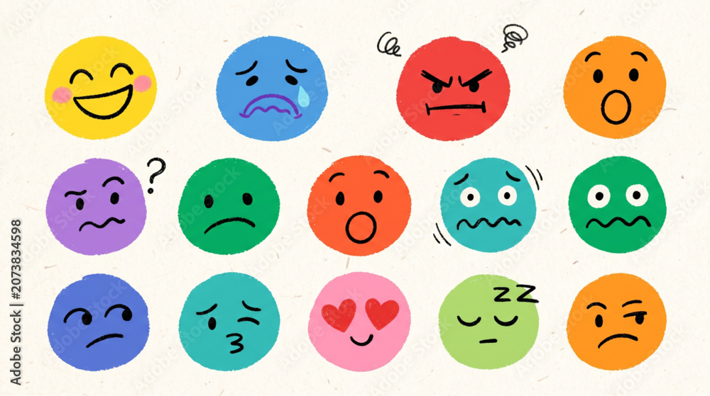 Fototapeta premium Cute Colorful Emotion Faces Vector Set – Hand Drawn Emoji Expression Collection