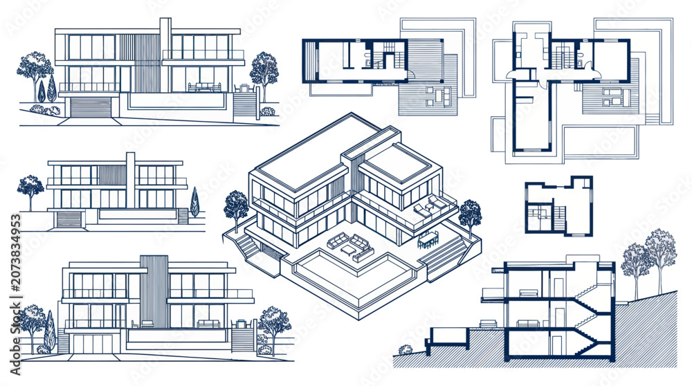 Fototapeta premium Modern House Blueprints and Architectural Designs, Exterior and Interior Views