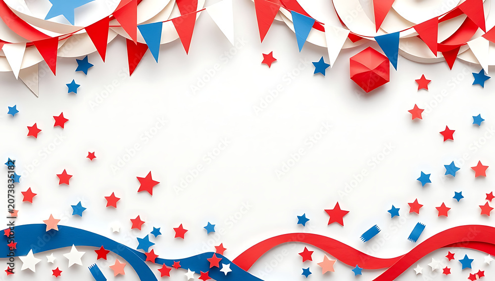 Obraz premium Patriotic Red White and Blue Paper Craft Decorations on White Background Frame