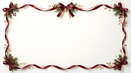 Christmas border with red ribbon and green leaves isolated on white background for holiday greeting cards