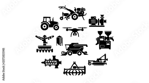 Quadro su tela Agricultural farming machinery black icon circular concept set with tractor comb
