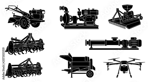 Obraz na płótnie Modern agricultural machinery black silhouette icon set with tractor tillers sma