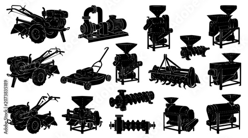 Konstfotografi Agricultural machinery and farming equipment silhouette vector set with tillers
