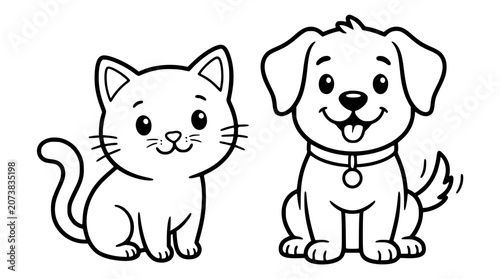 Cute cartoon cat and dog coloring page outline vector featuring friendly sitting domestic puppy and kitten characters illustration