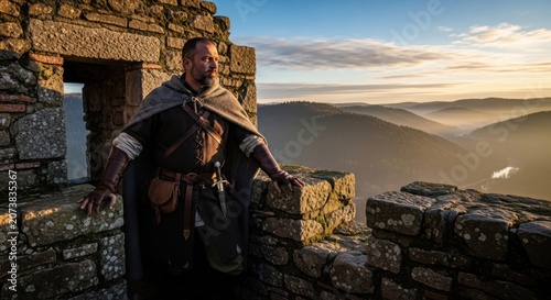 Medieval Warrior in Cape Standing on Stone Castle Ramparts Overlooking Misty Mountains at Dawn