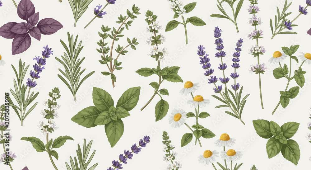 Naklejka premium Elegant Botanical Pattern with Lavender, Basil, Chamomile, Rosemary and Thyme Sprigs