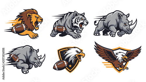 American football team mascots with lion, tiger, rhino, rhino, eagle and shield emblems