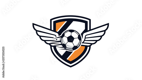 A soccer ball with wings is shielded in a sports emblem for a competitive team.