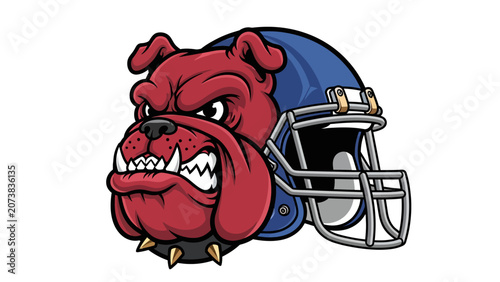 A fierce red bulldog wearing a blue football helmet with a determined expression.