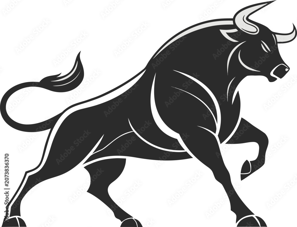 Fototapeta premium WebMinimalist Bull Illustration – Stylized Black and White Bull in Dynamic Stance