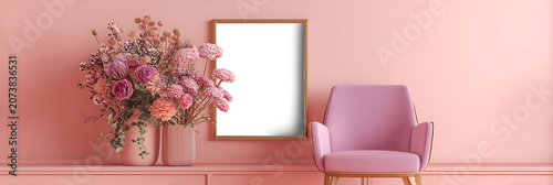 Elegant pastel pink interior features floral arrangement in striped vase beside modern chair