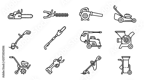 Konstfotografi Power garden tools and outdoor lawn maintenance machinery outline icons vector s
