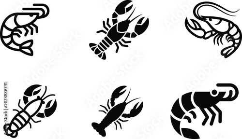 Photos Black silhouettes of various crustaceans and shrimps on white background