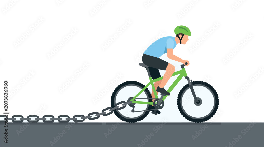 Fototapeta premium Detailed vector illustration of a cyclist riding a mountain bike while pulling a heavy metal chain