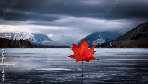 Dramatic Red Maple Leaf Adrift On A Vast Dark Frozen Lake Under A Heavy Brooding Cloud Cover And Distant Misty Mountains
