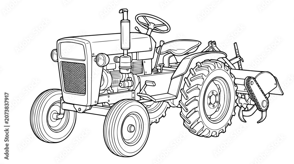 Obraz premium Vintage farm tractor vector line art illustration with rotary tiller attachment for agricultural field cultivation design element