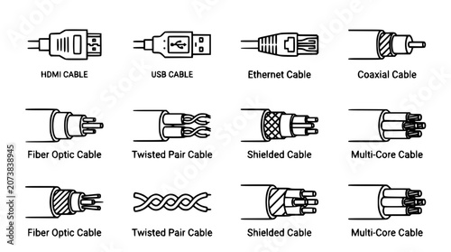 Obraz na plátně Network communication wires and computer cable plugs outline icons vector set wi
