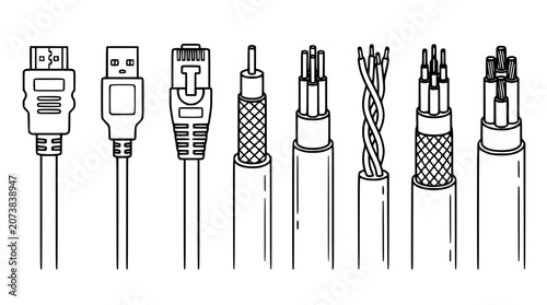 Photos Computer cables and network wire connectors line icons vector set featuring hdmi