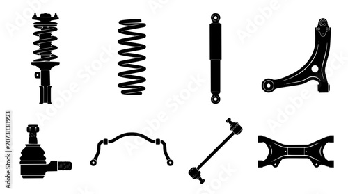 Canvastavla Automotive suspension system and chassis components silhouette vector icons set